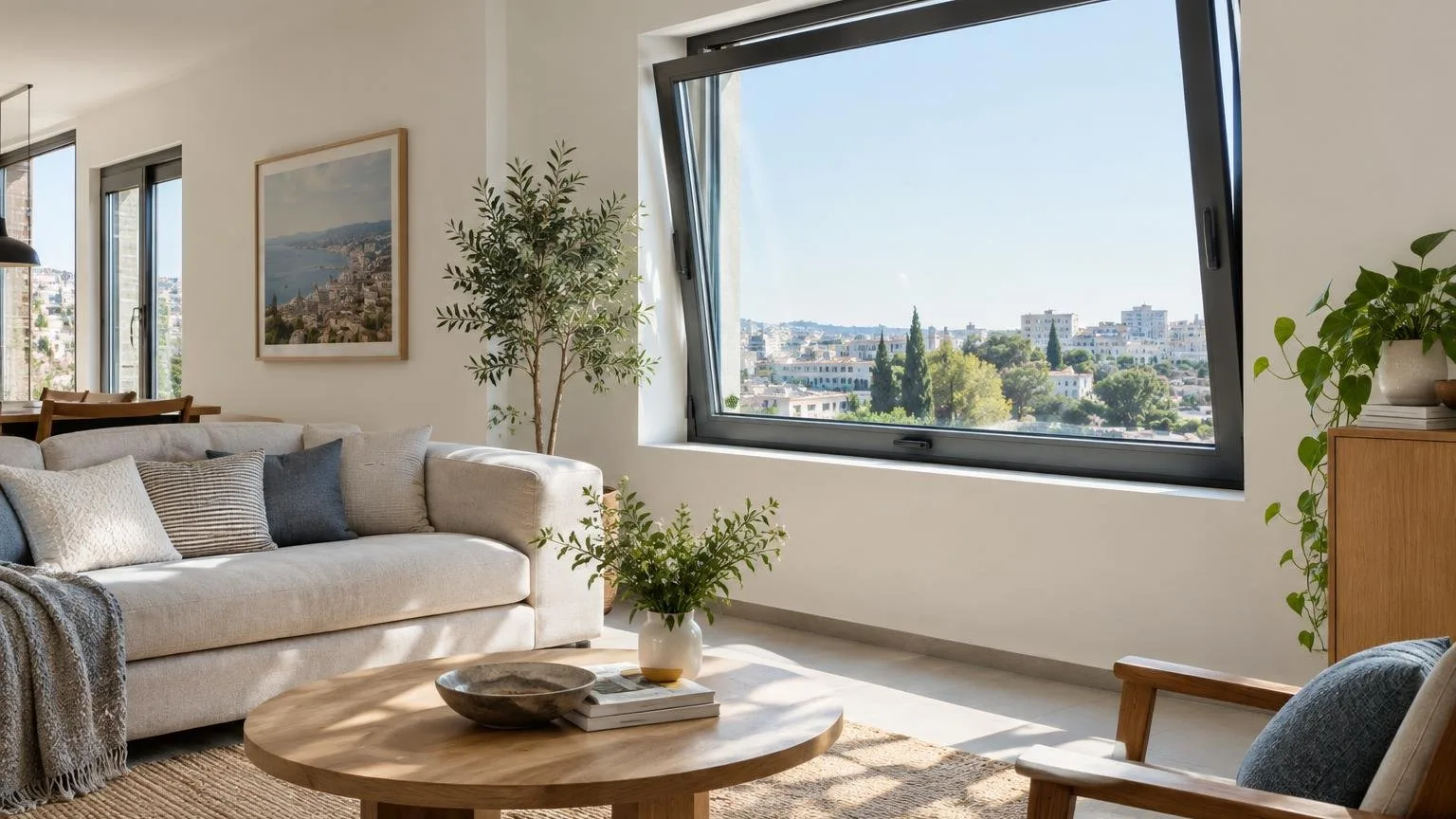 חלון קיפ בלגי פתוח בהטיה בסלון מואר עם נוף עירוני