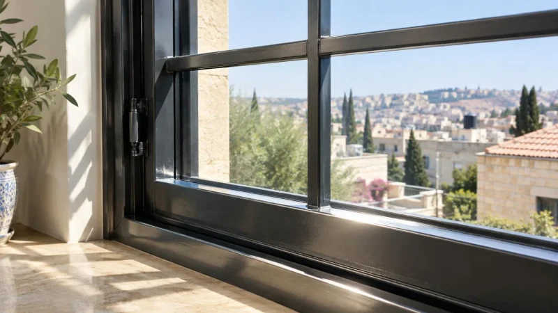 ניקוי חלונות ברזל - מסגרת ברזל שחורה נקייה ומבריקה מול נוף עירוני