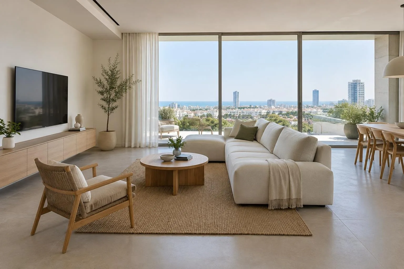 סלון מינימליסטי עם ספה מודולרית, שולחן עץ עגול ונוף לים